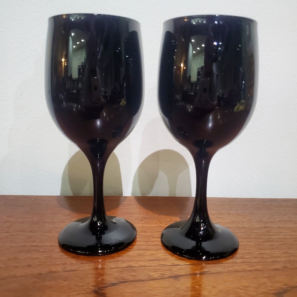 Vintage Set Of 2 Libbey Black Amethyst‎ Wine Glasses